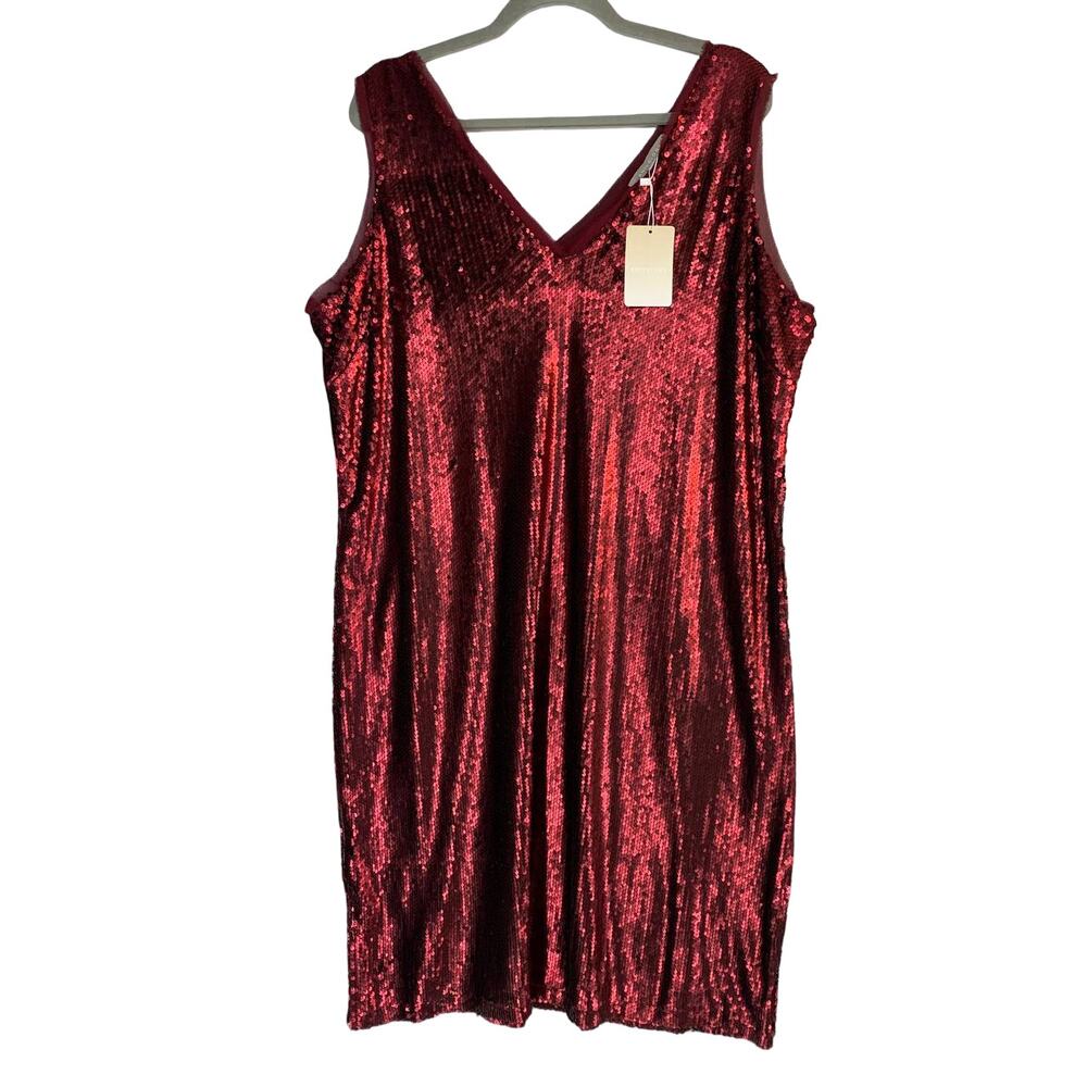 Anthology Sequin Dress Plus 18 Red V Neck Sleeveless Party Cocktail Metallic